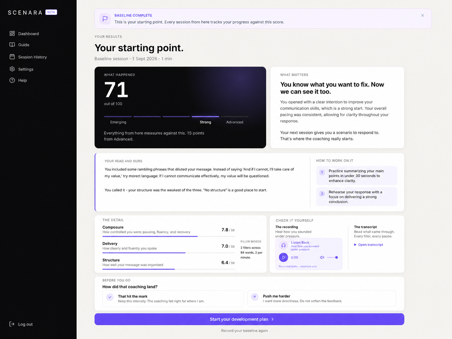 A Scenara baseline results screen showing an overall score of 71, dimension breakdowns for Composure, Delivery and Structure, and coaching prompts to work on.
