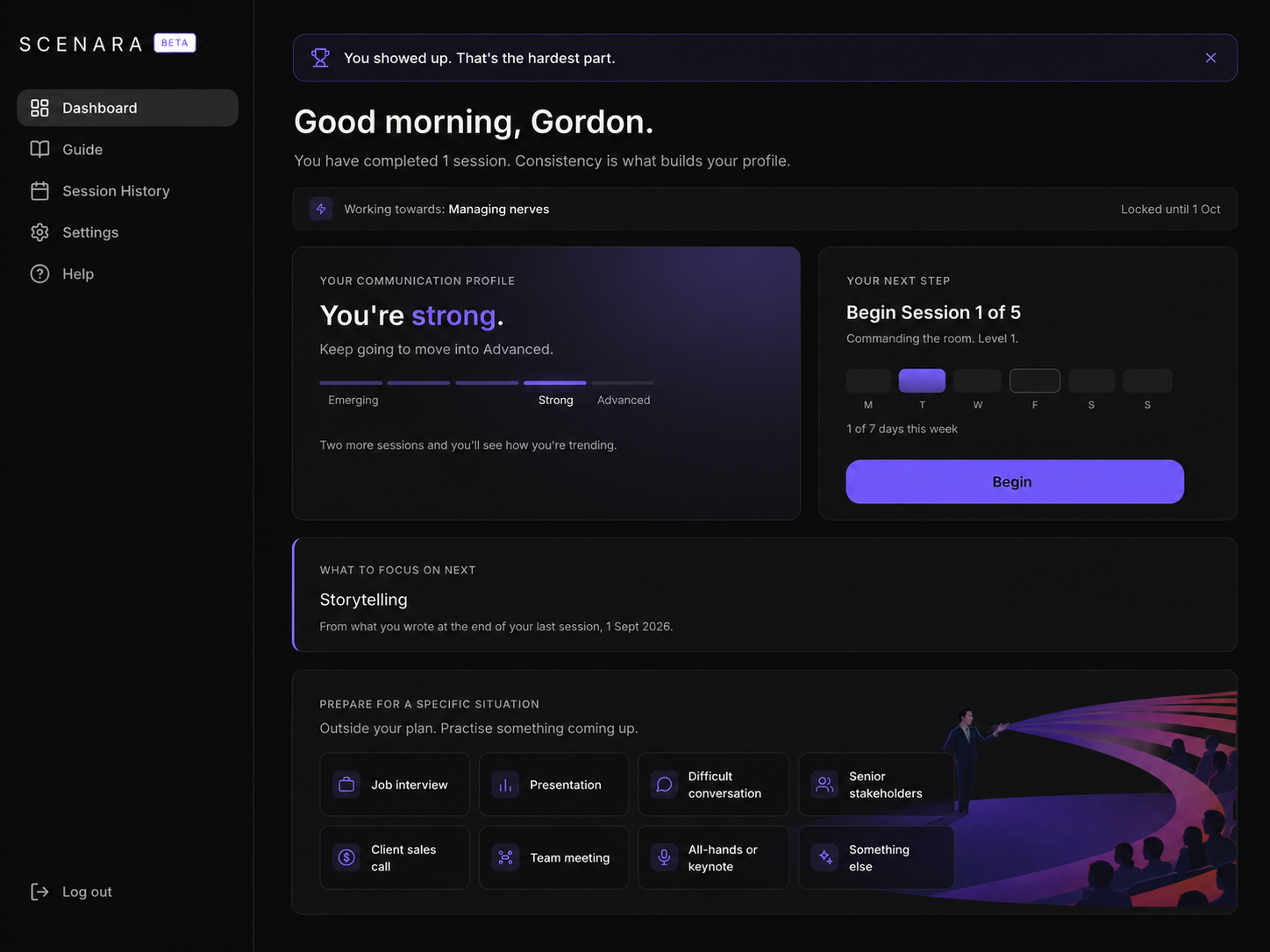 A Scenara dashboard showing a communication profile, weekly session progress, next focus and prepare-for-a-situation shortcuts.
