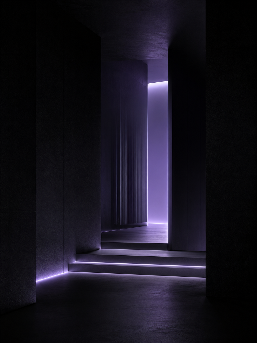 A dimly lit corridor and doorway with a shaft of purple light spilling through, evoking the moment before stepping into a high-stakes conversation.
